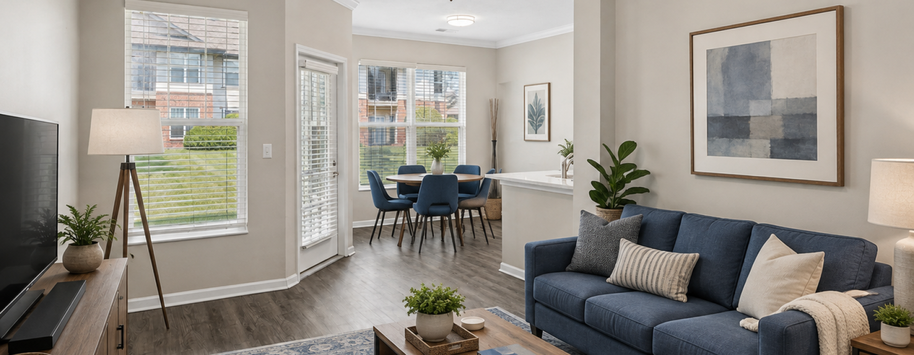 Staged living room with blue and gray decor