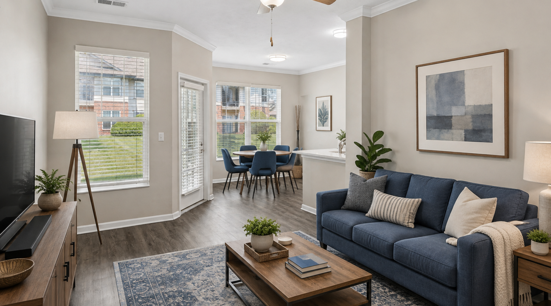 Staged living room with blue and gray decor