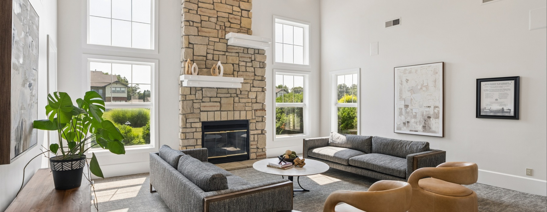 Apartment clubhouse with stone fireplace