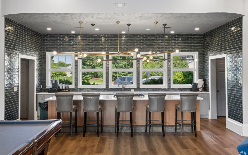 Community kitchen with pendant lights
